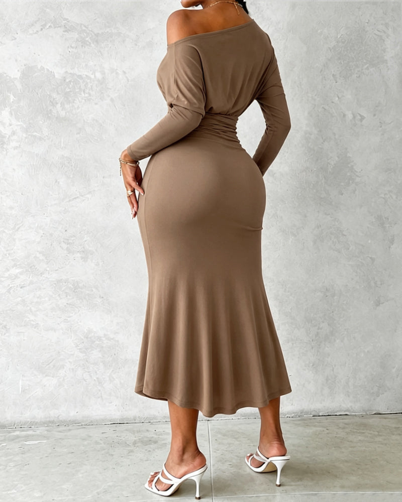 Women's Boat Neck Ruched Wrap Midi Dress Long Sleeve Slit Cocktail Dress - Image 5
