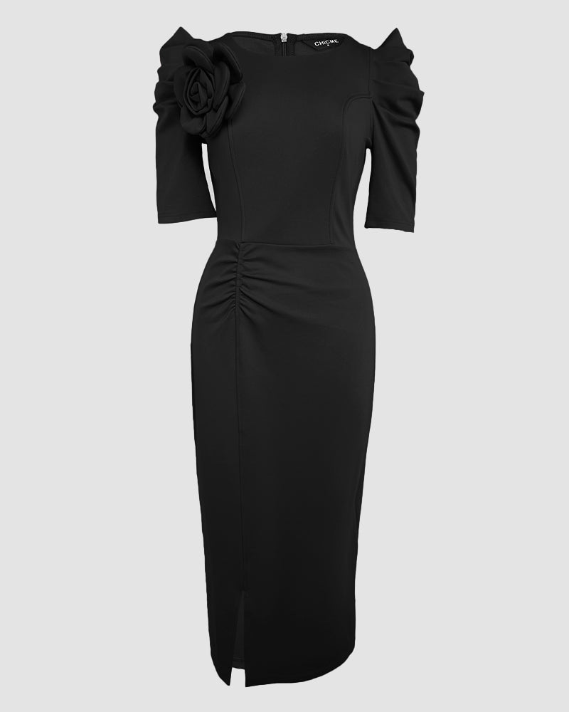 3D Flower Decor Round Neck Puff Sleeve Bodycon Dress Casual Ruched Slit Zipper Back Work Dress - Image 19
