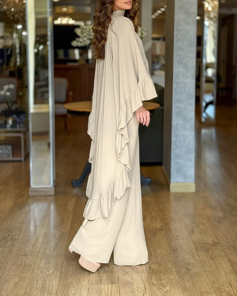 2 Pieces Outfit High Neck Hollow-out Back Ruffles High-Low Hem Cape and Casual Elastic Back Waist Wide Leg Pants Set - Image 2