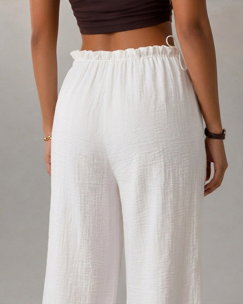 Women's High Waisted Wide Leg Pants Flowy Crinkle Casual Drawstring Lounge Trousers - Image 2
