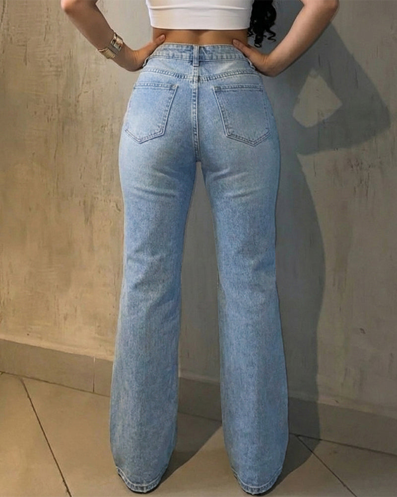 Women's Rhinestone Flare Jeans High Waisted Distressed Ripped Jeans Y2K Retro Streetwear Denim Pants - Image 2