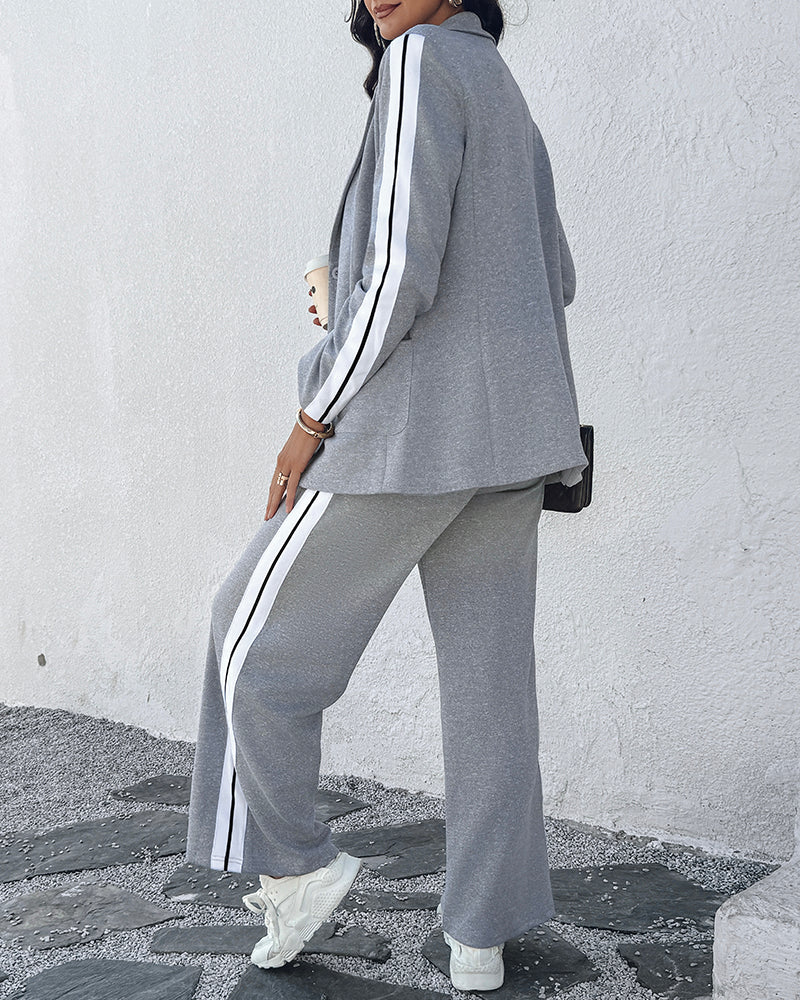 2 Pieces Outfit Notched Collar Single Breasted Pockets Design Coat And Elastic Waist Seam Front Wide Leg Pants Set Casual Contrast Side Striped Blazer Set - Image 4