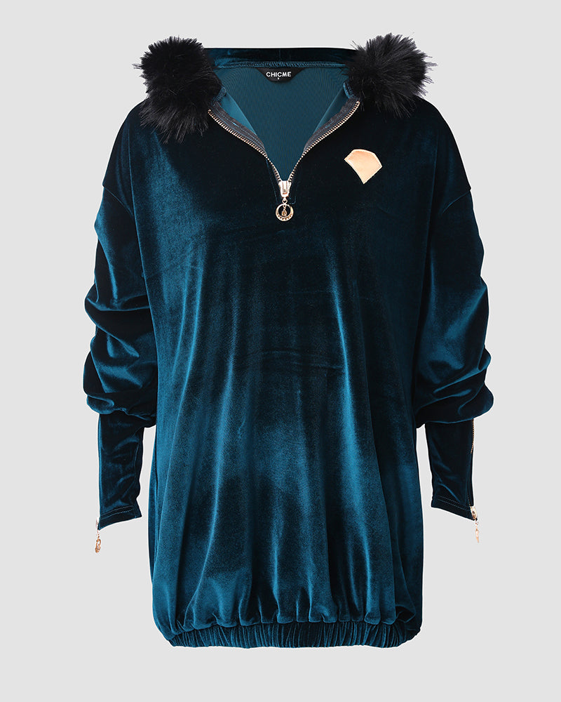 Velvet Fuzzy Trim Hooded Mini Dress Long Sleeve Zipper Design Sweatshirt Pullover Casual Dress - Image 4