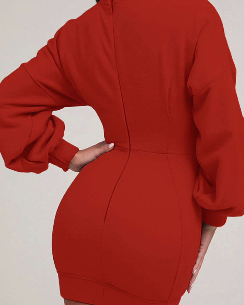Lantern Sleeve Bodycon Pullover Sweatshirt Dress Crew Neck Mini Dress - Image 14