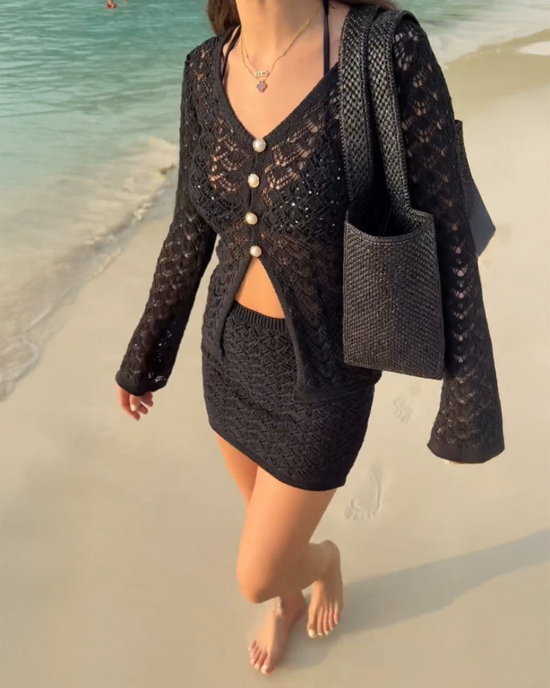 2 Pieces Outfit Deep V Neck Flare Sleeve Half Pearl Button Front Slit Top And Elastic Waist Skirt Set Casual Slim Fit Knit Set - Image 9