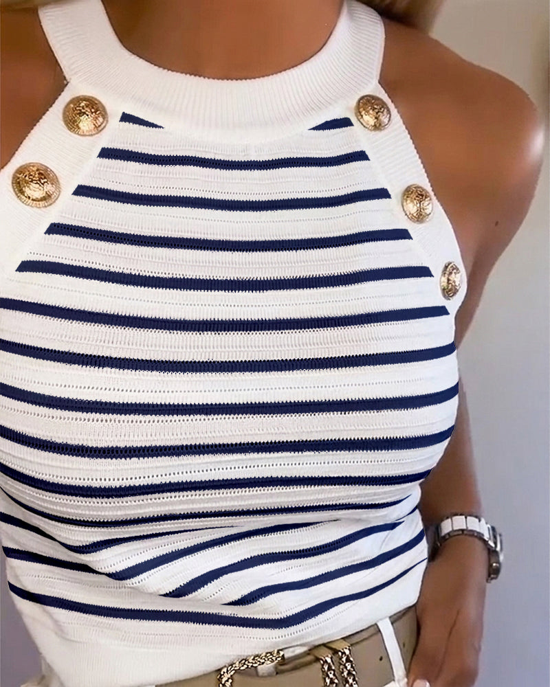 Women's Halter Neck Tank Top Striped Sleeveless Gold Button Contrast Binding Knit Top - Image 6