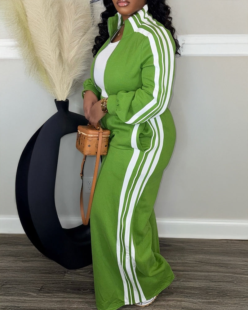 2 Pieces Outfit Stand Collar Zip Up Stretchy Hem Crop Coat and Elastic Waist Wide Leg Pants Set Casual Contrast Side Striped Set - Image 9