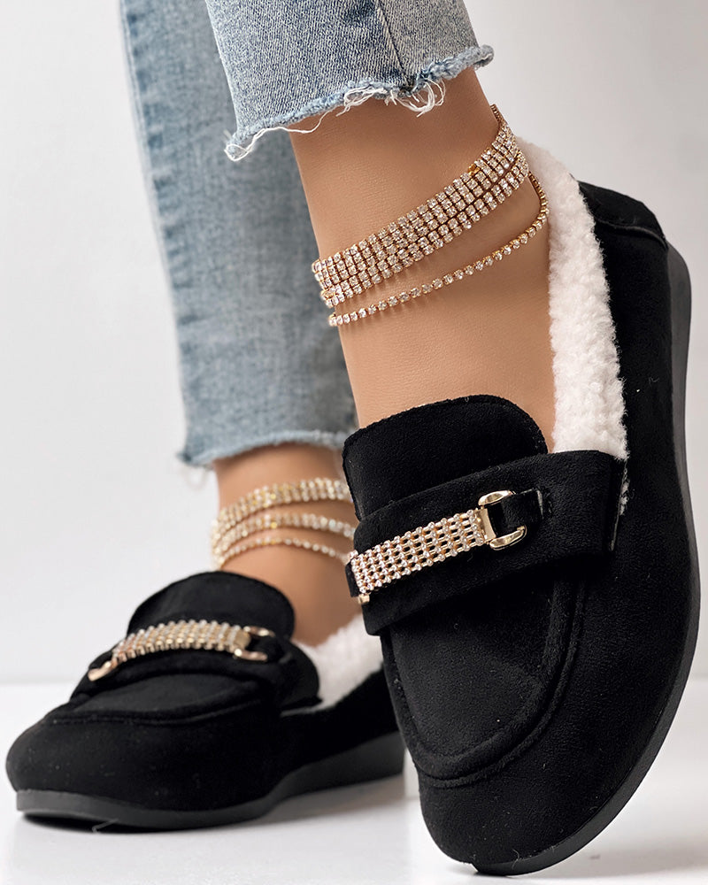 Rhinestone Chain Decor Thermal Lined Faux Shearling Trim Casual Flat Slip-On Loafers without Anklet Bracelet - Image 5