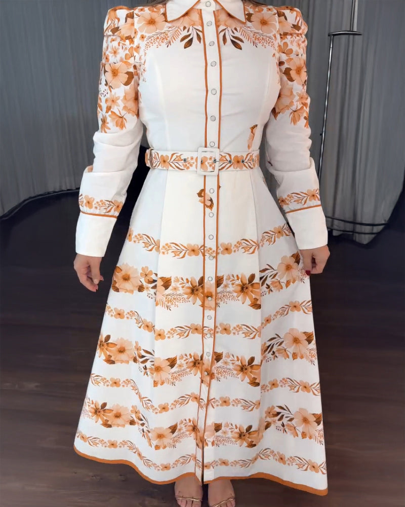Floral Placement Print Turn-down Collar Puff Sleeve Vacation Dress Casual Button Down Shirt Dress With Belt and Lining - Image 11