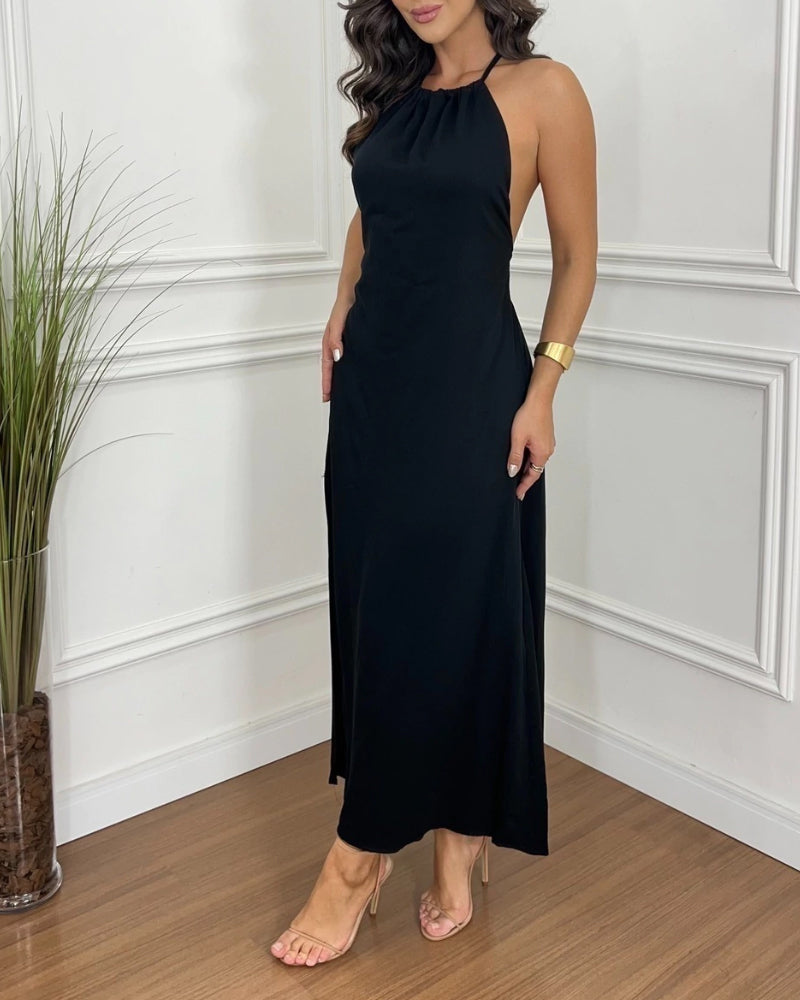 Halter Sleeveless Backless Maxi Dress Casual Shirred Back Side Slit Vacation Dress - Image 18