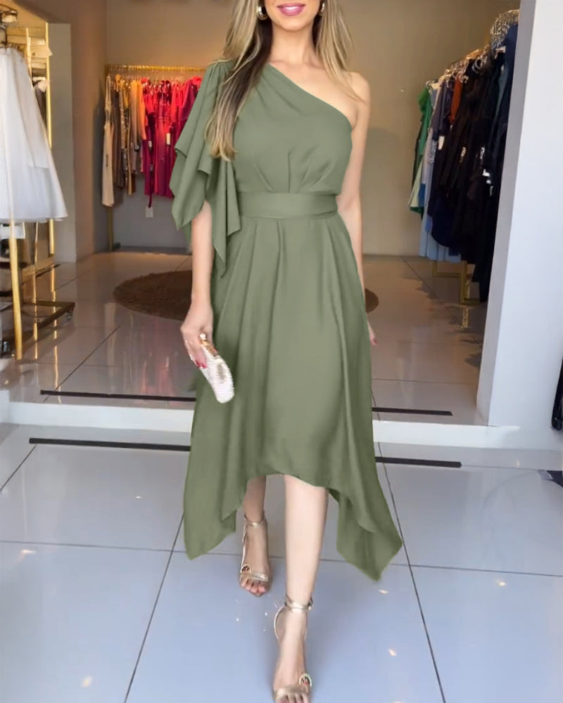 One Shoulder Asymmetrical Sleeve Bow Tie Party Dress Casual Zipper Side Cinched Waist Asymmetrical Hem Maxi Dress With Belt - Image 2