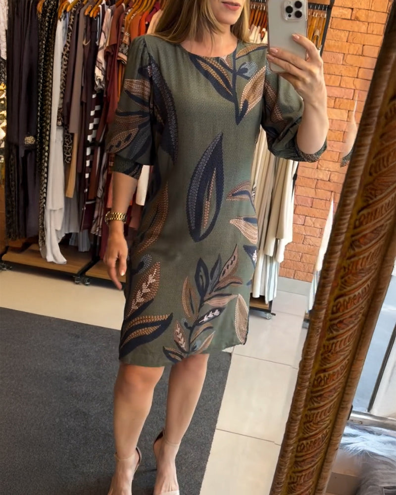 Plants Print Round Neck Half Sleeve Midi Dress - Image 9