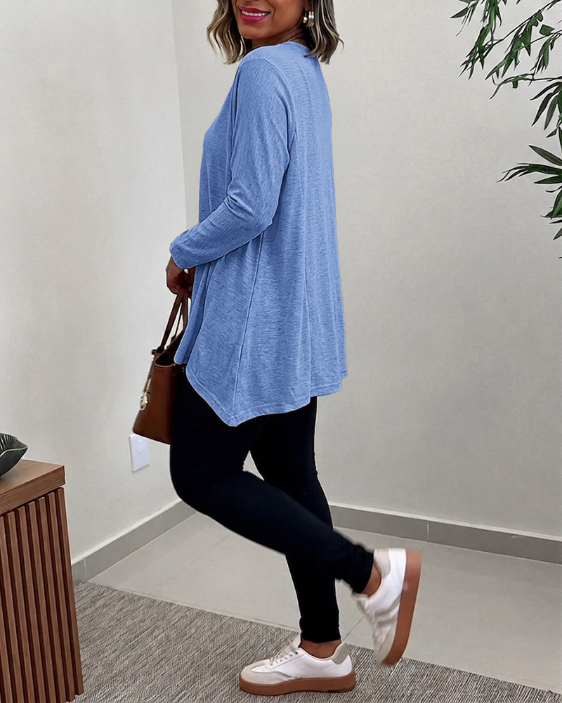 Women's Asymmetric Hem Long Sleeve Top Loose Fit Dropped Shoulder Crewneck Soft Slouchy Casual Tee - Image 21