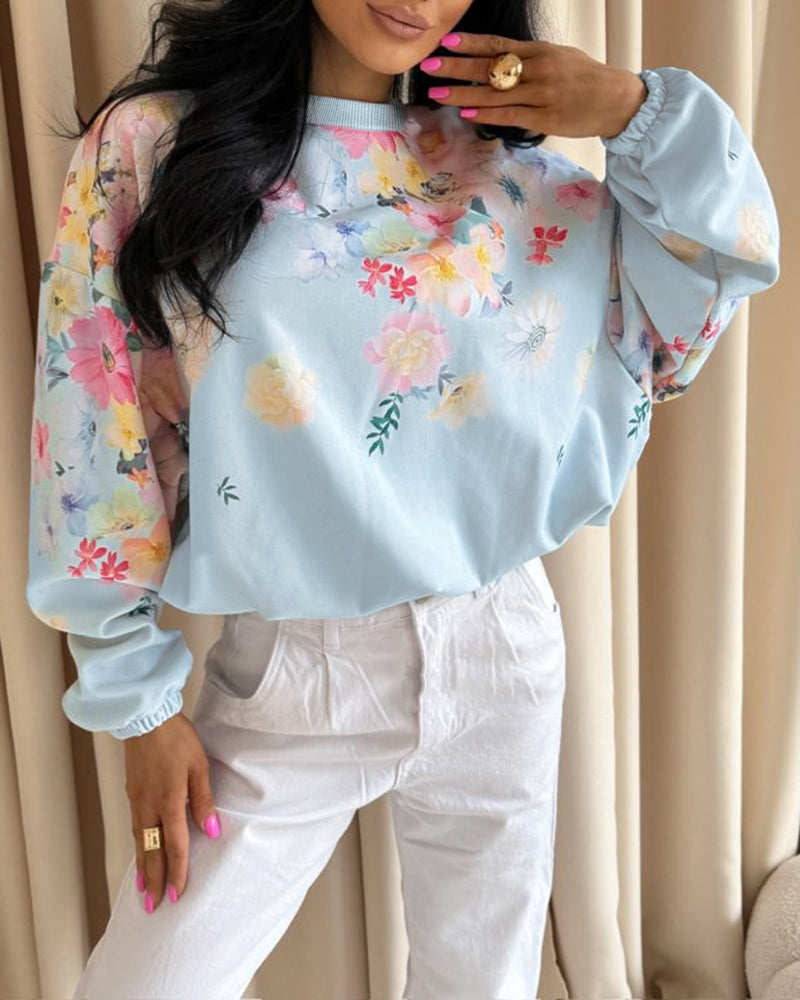 Women's Watercolor Floral Sweatshirt Casual Crewneck Pullover Lantern Sleeve Loose Fit Top - Image 5