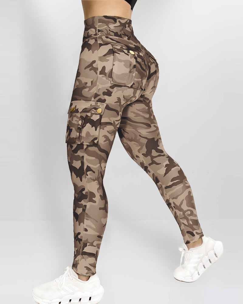 Camouflage Print High Waist Skinny Leggings with Cargo Flap Pockets Casual Pants - Image 8