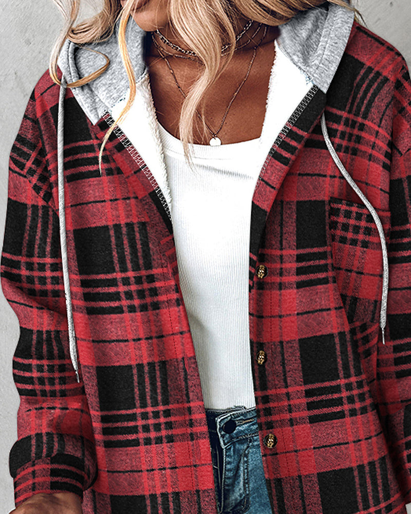 Plaid Print Button Front Pocket Design Drawstring Hoodie Jacket Casual Asymmetrical Hem Thermal Lined Warm Coat - Image 4