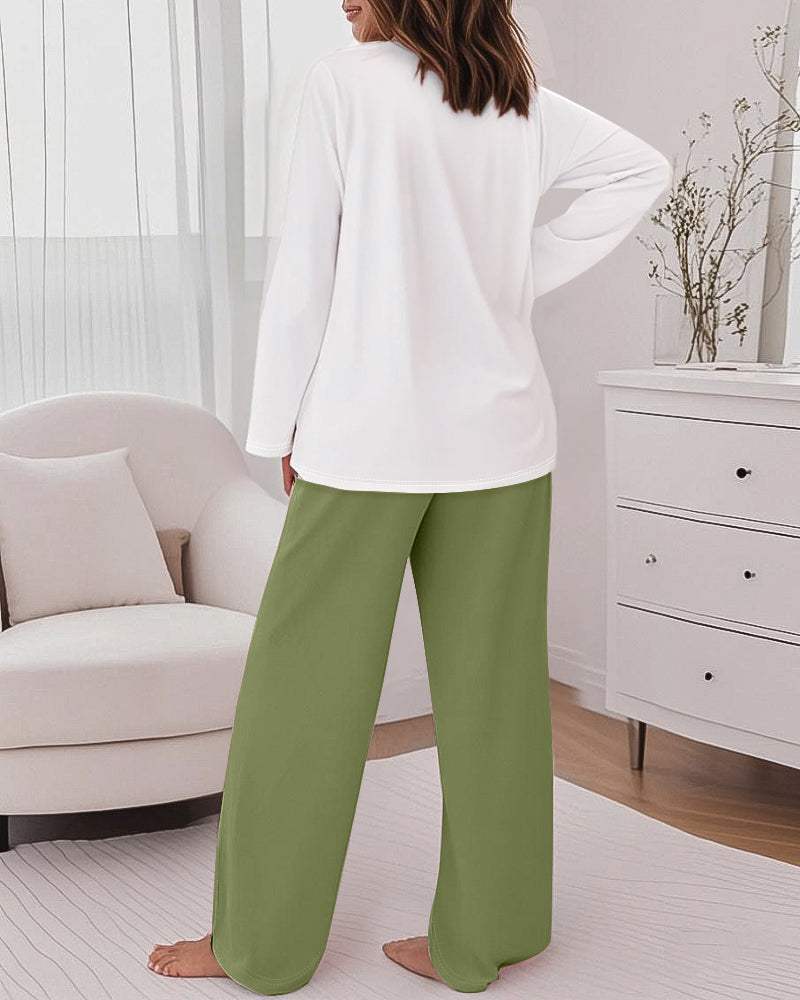 2 Pieces Outfit Floral Placement Print Long Sleeve Drop Shoulder Top and Elastic Waist Pants Set Causal Pajamas Set - Image 2