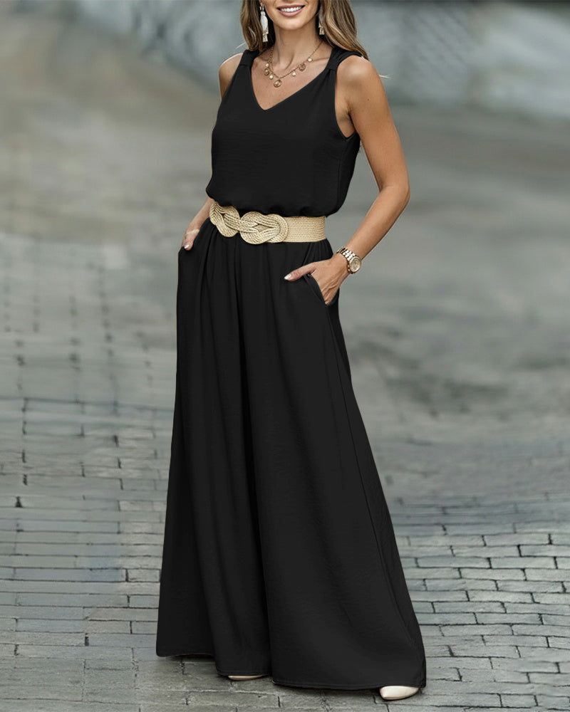 2 Pieces Outfit V-Neck Shoulder Bowknot Design Sleeveless Tank Top and Casual Zipper Fly Elastic Back Waist Wide Leg Pants Set without Belt - Image 11