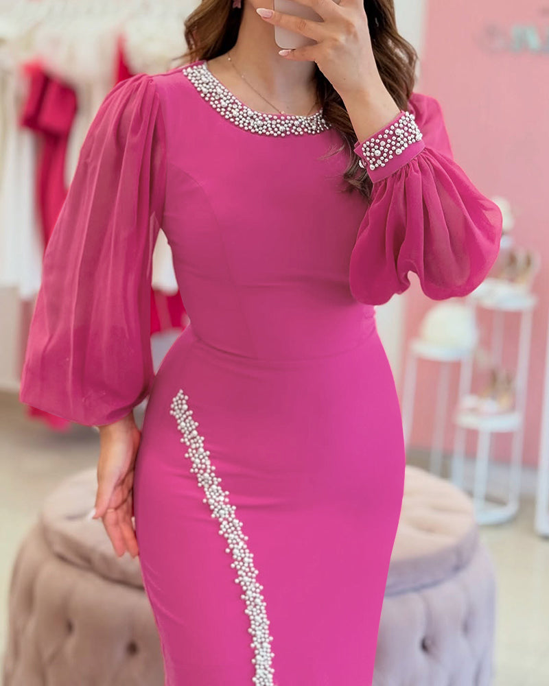 Pearls Decor Lantern Sleeve Slit Evening Dress Zipper Back Slim Fit Party Dress - Image 3