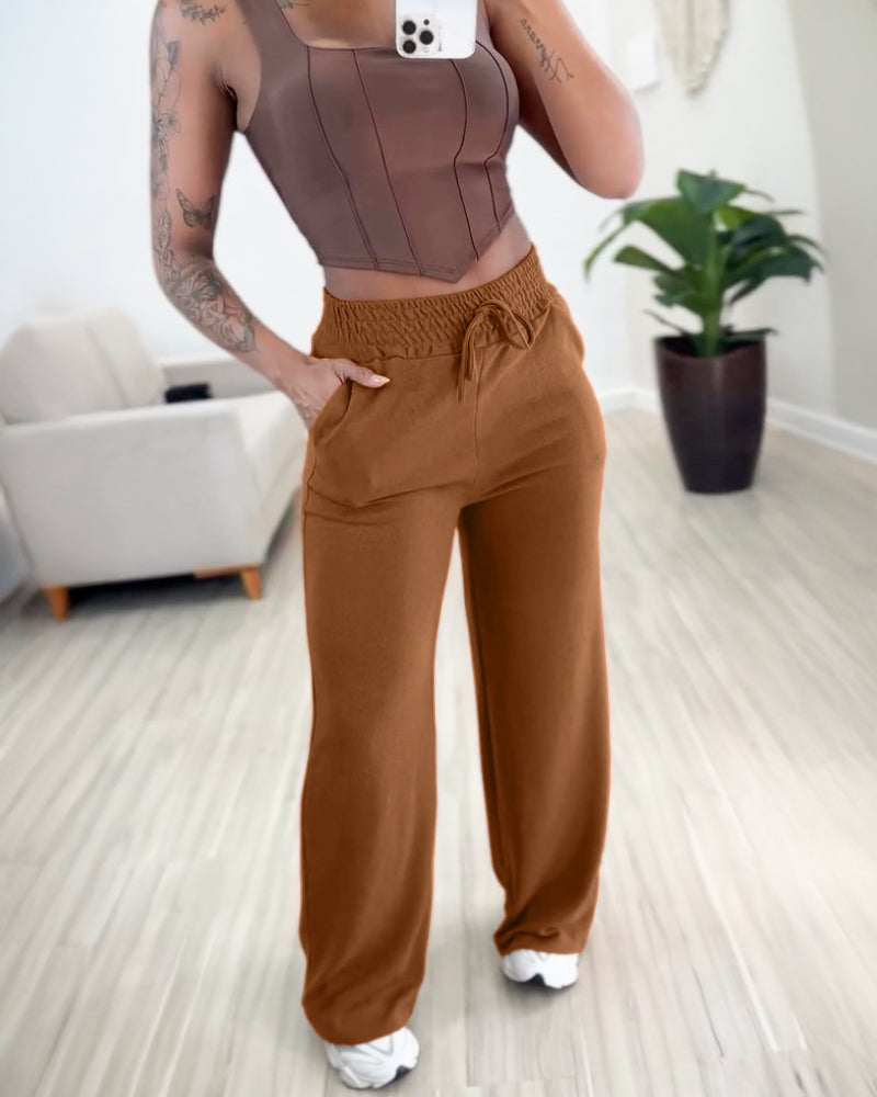 High Waist Drawstring Elastic Waist Wide Leg Casual Pants - Image 2