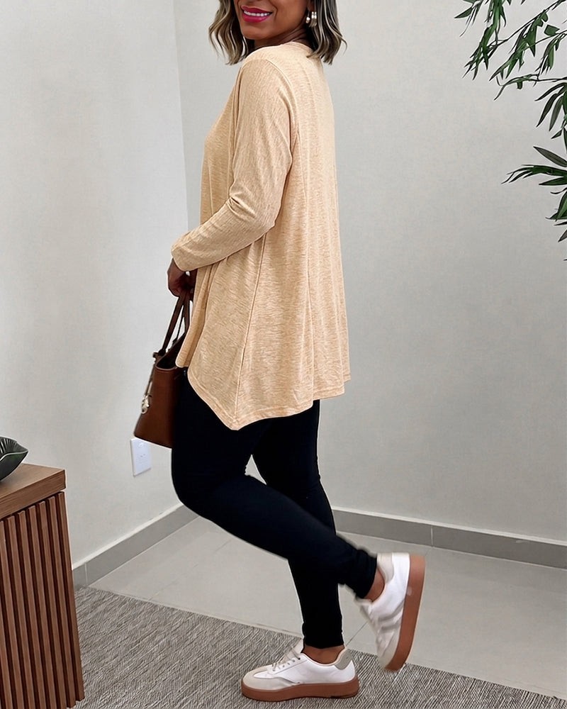 Women's Asymmetric Hem Long Sleeve Top Loose Fit Dropped Shoulder Crewneck Soft Slouchy Casual Tee - Image 2