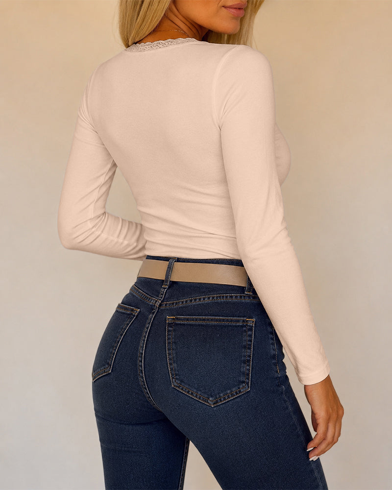 Women's Lace V Neck Ruched T Shirt Slim Fit Long Sleeve Tee Casual Elegant Top - Image 7