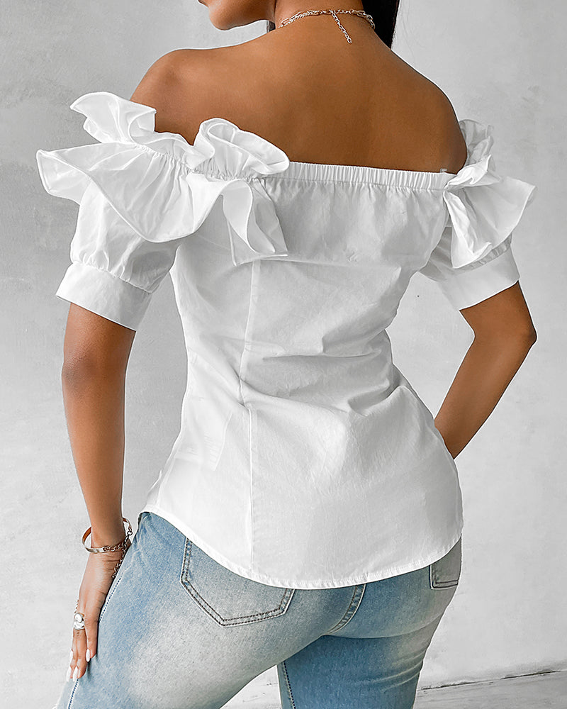 Ruffles Off Shoulder Short Sleeve Button Front Blouse Asymmetrical Hem Top - Image 2