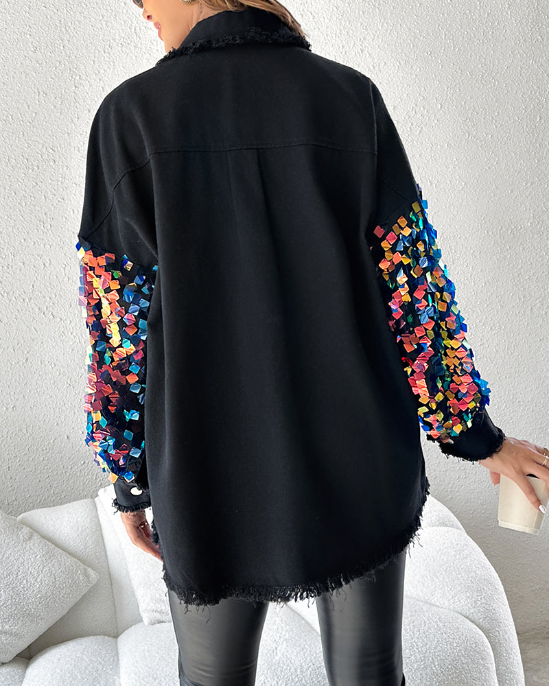 Contrast Sequin Long Sleeve Jacket Top Button Front Raw Hem Loose Fit Shacket - Image 18