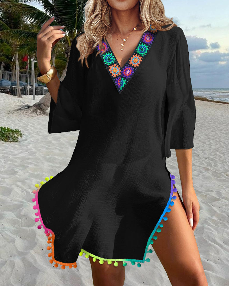 Women's V Neck Beach Cover Up Pom Pom Trim Side Slit Sheer Caftan Causal Three Quarters Sleeve Swimwear - Image 5