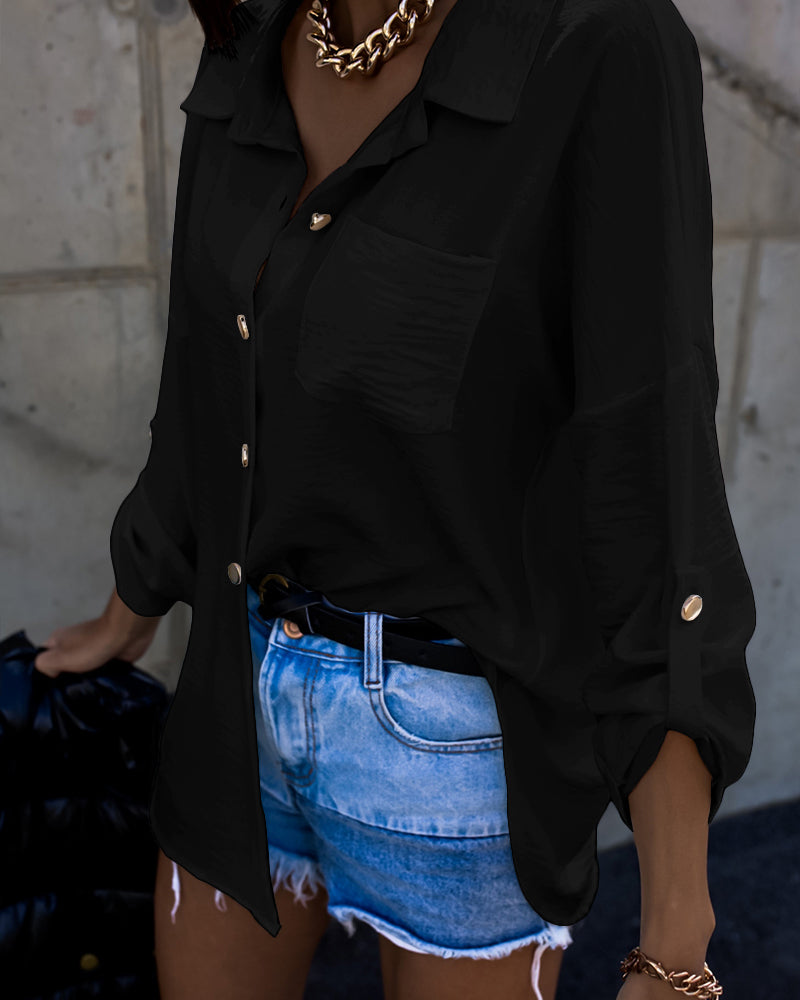 Metal Chain Decor Turn-down Collar Turn-Up Sleeves Front Button Shirt Casual Backless Asymmetrical Hem Top - Image 16