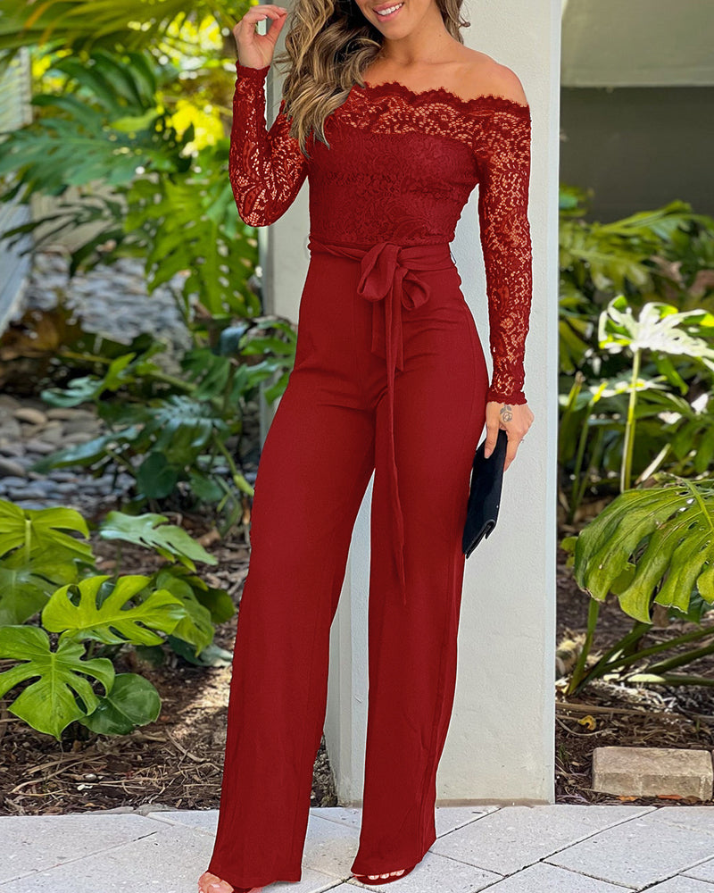 Off Shoulder Long Sleeve Eyelash Lace Spliced Slim Fit Overalls Casual Zipper Back Jumpsuit with Belt - Image 8