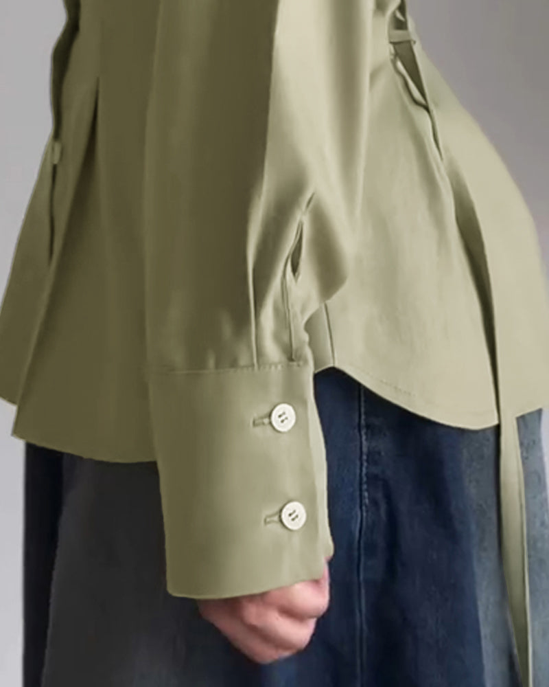 Turn-down Collar Long Sleeve Button Front Blouse Casual Back Criss Cross Tied Detail Fishtail Shirt - Image 4