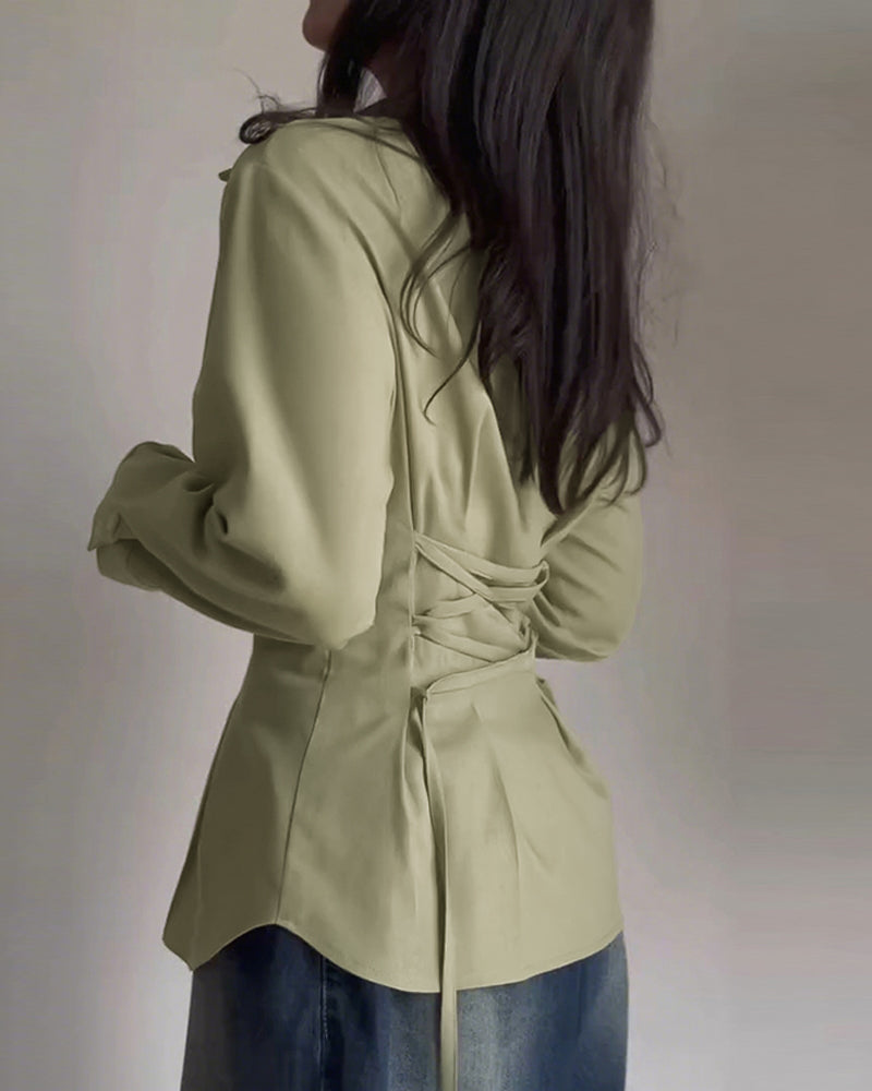 Turn-down Collar Long Sleeve Button Front Blouse Casual Back Criss Cross Tied Detail Fishtail Shirt - Image 2