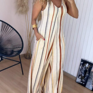 Women's V Neck Bow Tie Shoulder Striped Jumpsuit Casual Loose Wide Leg Overalls with Pockets