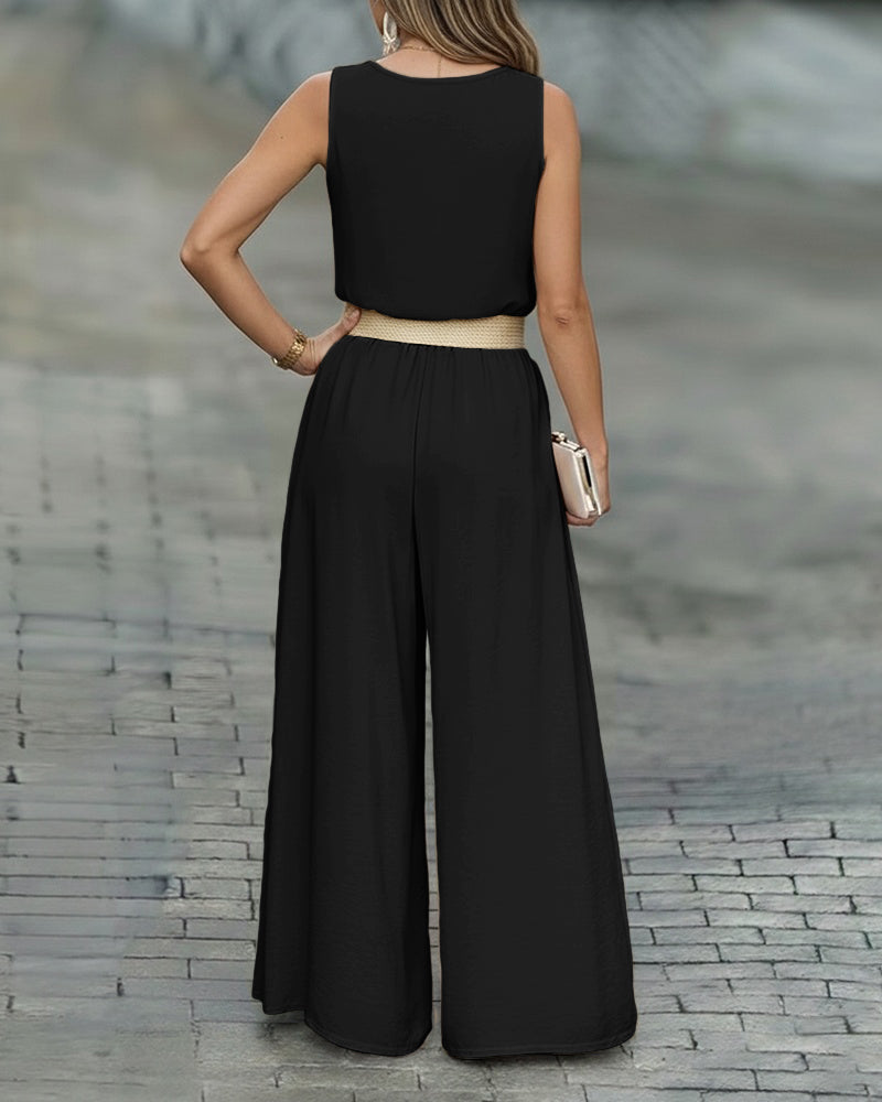 2 Pieces Outfit V-Neck Shoulder Bowknot Design Sleeveless Tank Top and Casual Zipper Fly Elastic Back Waist Wide Leg Pants Set without Belt - Image 12