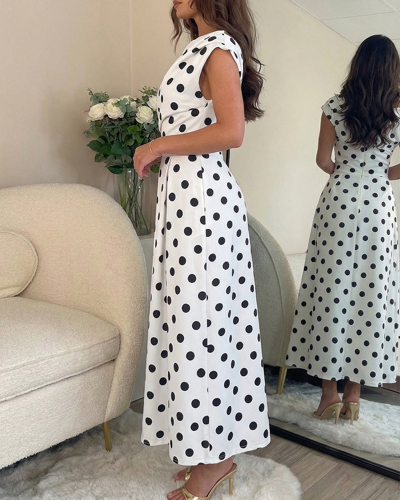 Women's Skew Neck Polka Dot Maxi Dress Ruched A-Line Swing Dress Elegant Party Cocktail Dress with Pockets - Image 3