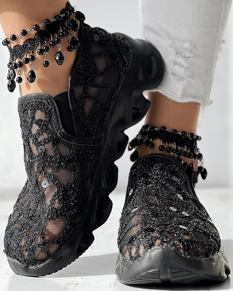 Contrast Sequin Sheer Mesh Patch Breathable Sneakers - Image 18