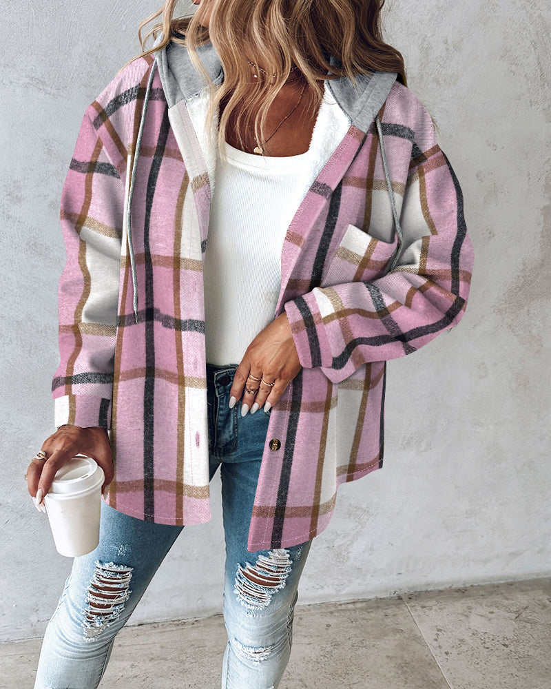 Plaid Print Long Sleeve Button Front Drawstring Hoodie Coat Casual Pocket Design Thermal Lined Shirt Coat - Image 3