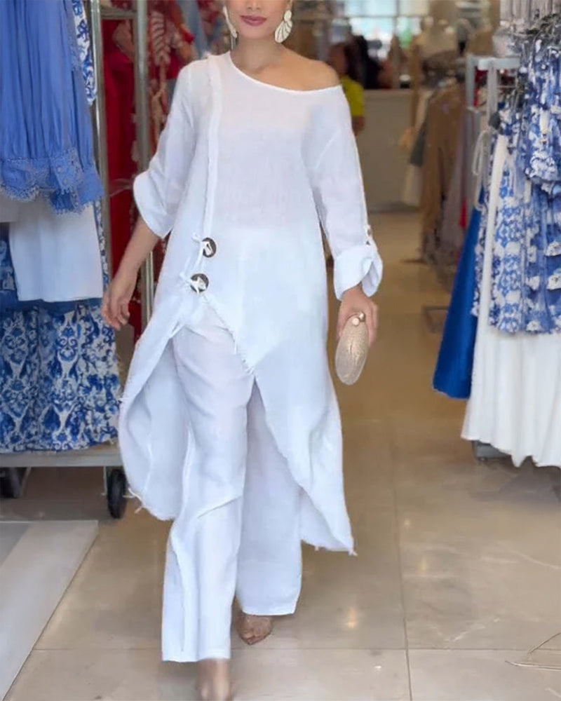 2 Pieces Outfit Button Decor One Shoulder Turn-Up Sleeves Slit Raw Edges Top and Casual Drawstring Elastic Waist Wide Leg Pants Set - Image 3