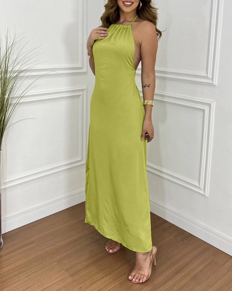 Halter Sleeveless Backless Maxi Dress Casual Shirred Back Side Slit Vacation Dress - Image 27