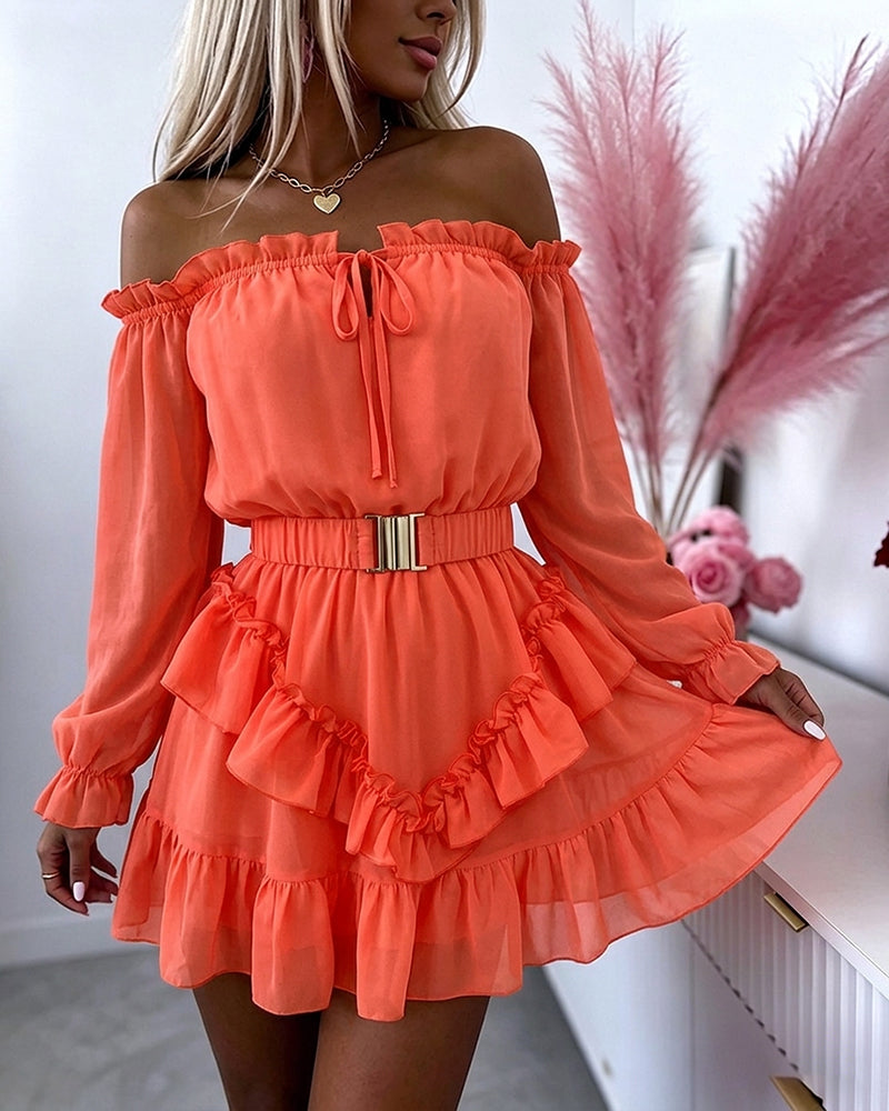 Women's Off Shoulder Frill Trim Mini A Line Dress Flowy Chiffon Ruffle Hem Party Dress with Belt & Built-In Shorts - Image 6