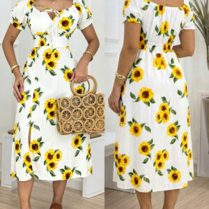 Women's Sunflower Print Midi Dress Puff Sleeve Tie Neck Sundress Shirred Back Slit A-Line Vacation Dress with Lining