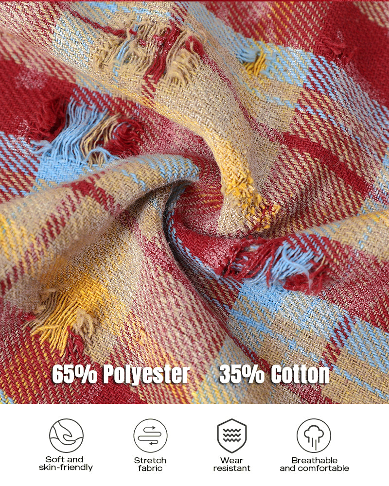Colorblock Plaid Print Hooded Distressed Button Front Coat Shacket - Image 3