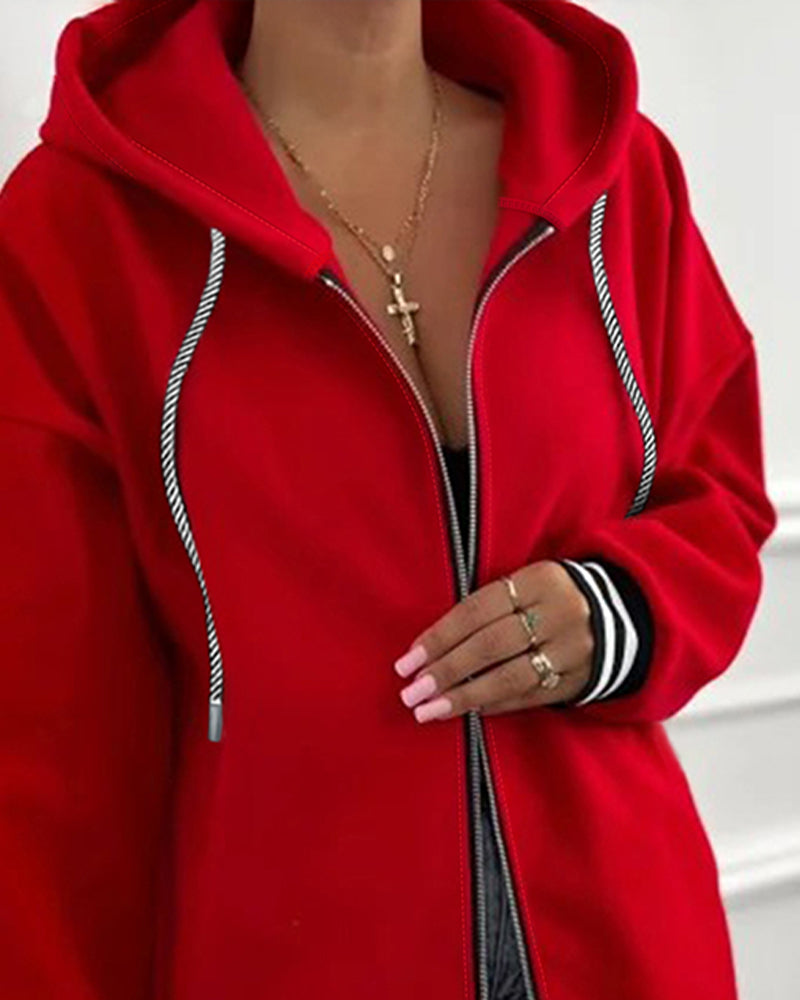 Striped Cuffs Pockets Design Zipper Front Drawstring Hoodie Jacket Casual Drop Shoulder Asymmetrical Hem Mid-length Coat - Image 4