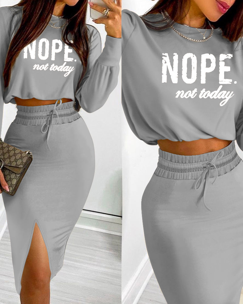 2 Pieces Outfit NOPE. not today Slogan Print Long Sleeve Stretchy Hem Crop Top and High Waist Drawstring Elastic Waist Slit Casual Skirt Set - Image 10