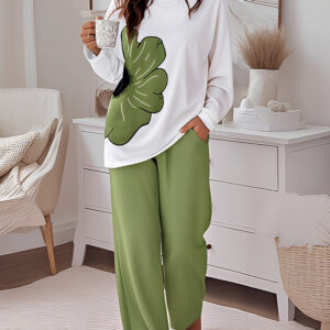 2 Pieces Outfit Floral Placement Print Long Sleeve Drop Shoulder Top and Elastic Waist Pants Set Causal Pajamas Set