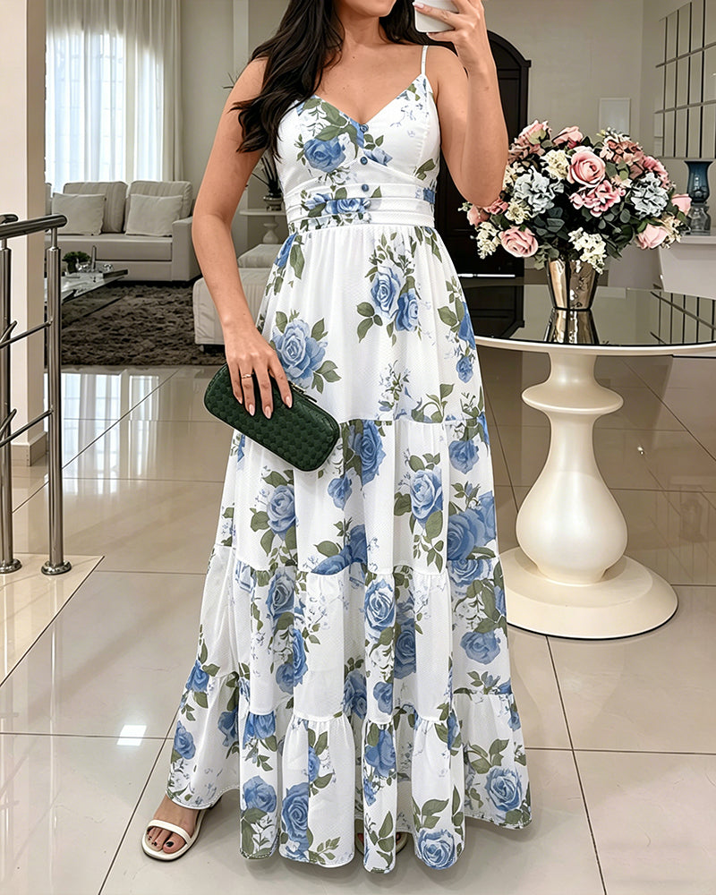 Women's Floral Print Maxi Dress Ruffle Hem Cami Dress V Neck Shirred Summer Vacation Boho Long Dress with Built-In Bra - Image 5
