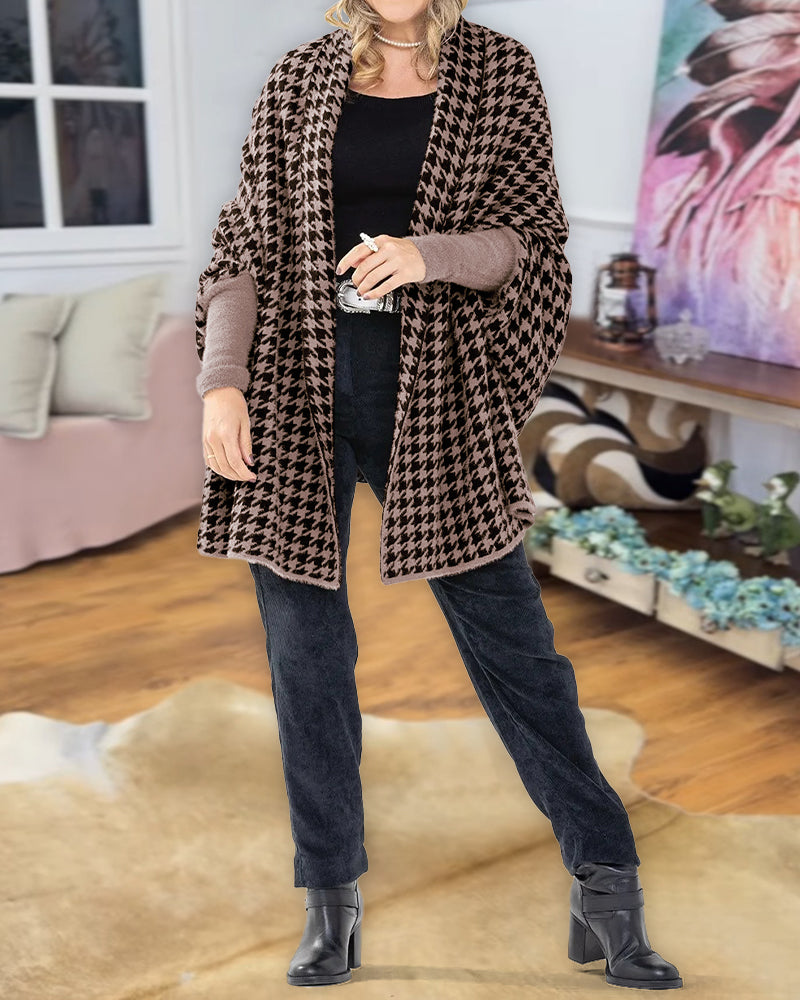 Houndstooth Print Versatile Loose Fit Sweater Coat Casual Warm Cape Shawl - Image 9