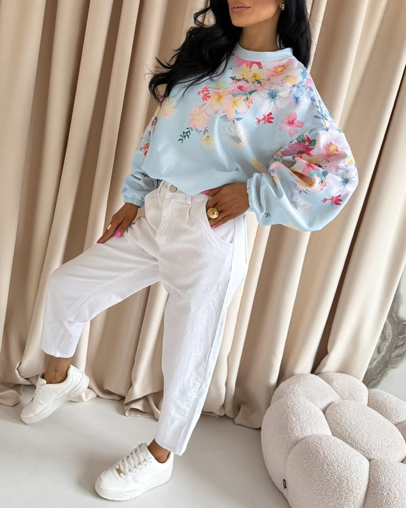 Women's Watercolor Floral Sweatshirt Casual Crewneck Pullover Lantern Sleeve Loose Fit Top - Image 3