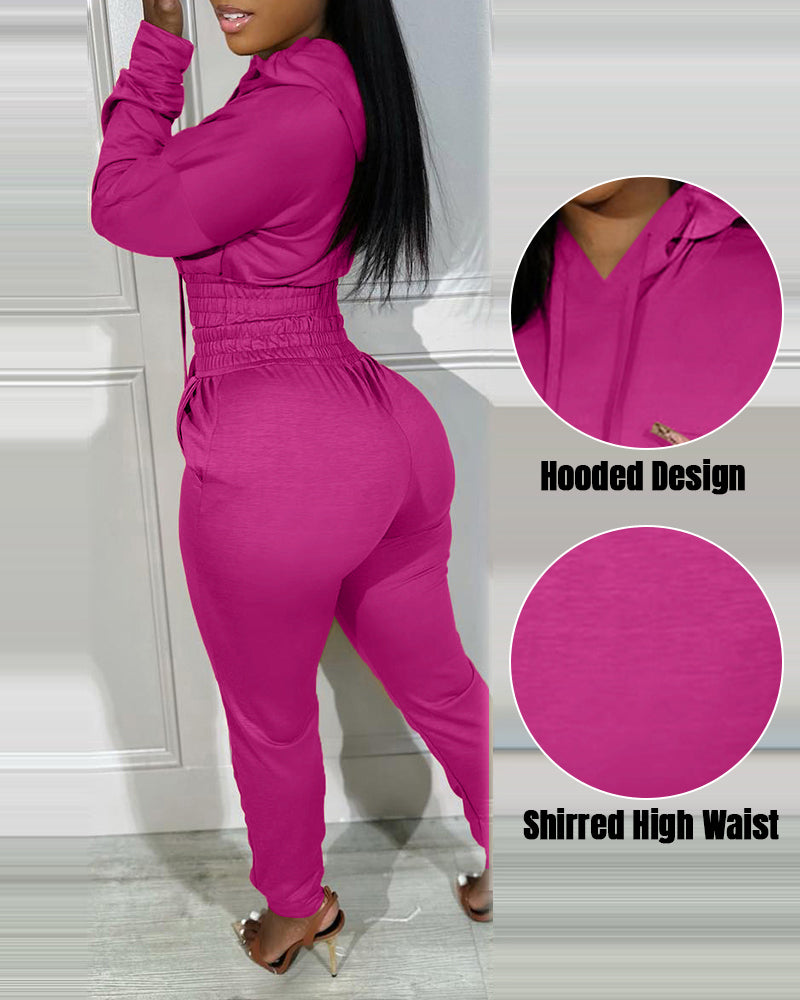 2 Pieces Outfit Drop Shoulder Kangaroo Pocket Stretchy Hem Crop Drawstring Hoodie Sweatshirt And Drawstring Elastic Waist Jogger Sweatpants Casual Tracksuit - Image 9